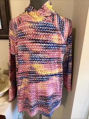 LuLaRoe Amber Pink Multi-Color Hooded Pullover with Blue & Yellow Accents